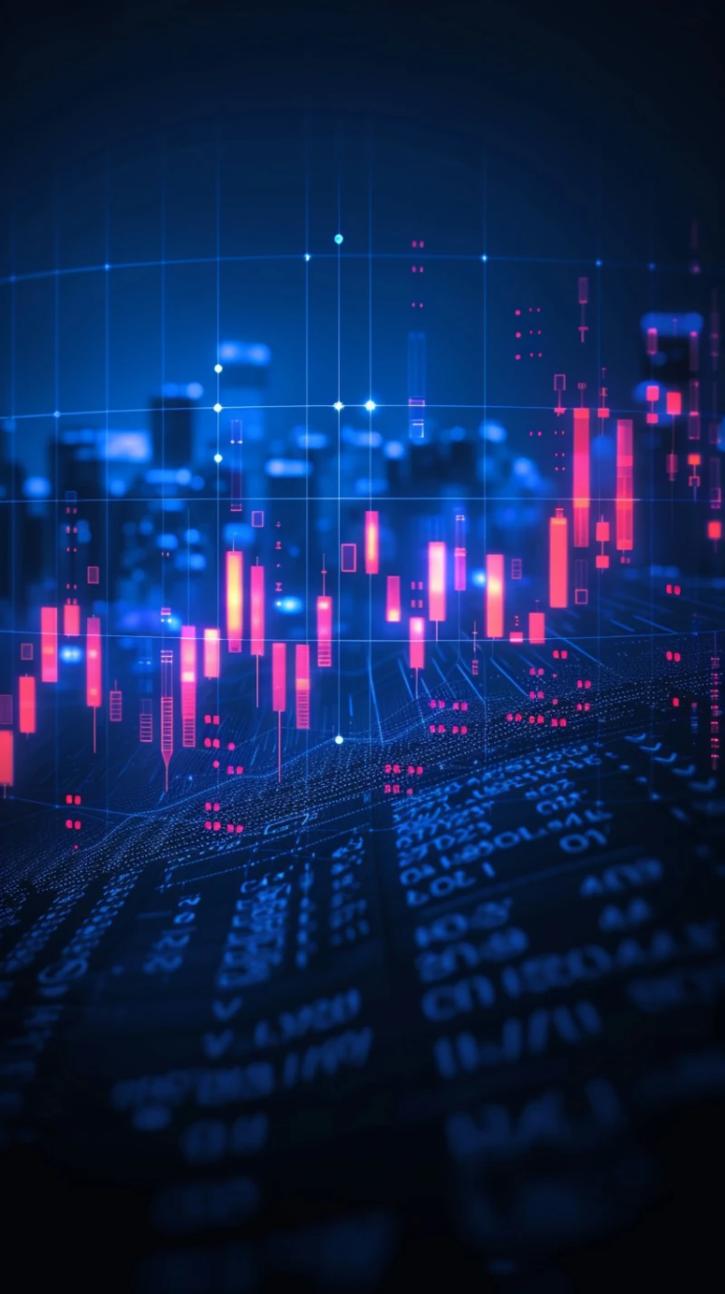 Gráfico de velas de análise de mercado mostrando tendência de alta, representando a negociação de opções semanais