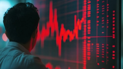 Um analista financeiro observa atentamente um painel de controle do mercado de ações que mostra uma acentuada tendência de queda.