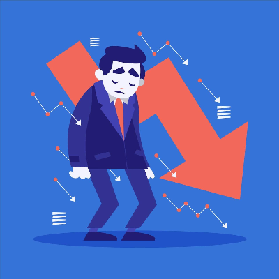 Una ilustración de un hombre con traje que muestra una expresión de tristeza y desánimo mientras se encuentra rodeado de gráficos descendentes y una gran flecha roja apuntando hacia abajo