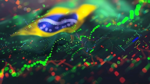 Uma composição dinâmica que mostra a bandeira brasileira tremulando sob uma camada de dados digitais, gráficos de pontos verdes ascendentes e linhas de tendência.