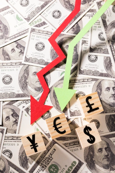 billetes de 100 dólares con flechas roja y verde descendentes