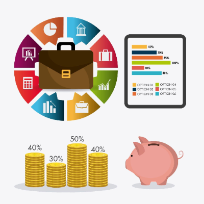 infografía vectorial presenta un conjunto de elementos financieros y de negocios, destacando un maletín central rodeado por un círculo de iconos que representan diversas áreas como bancos, gráficos de barras, calculadoras y portafolios.