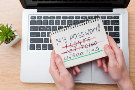 Unas manos sostienen una libreta sobre el teclado de una computadora portátil donde se lee "My password". En la hoja aparecen varias contraseñas tachadas en rojo hasta llegar a una resaltada en verde, ilustrando la importancia de la seguridad informática.