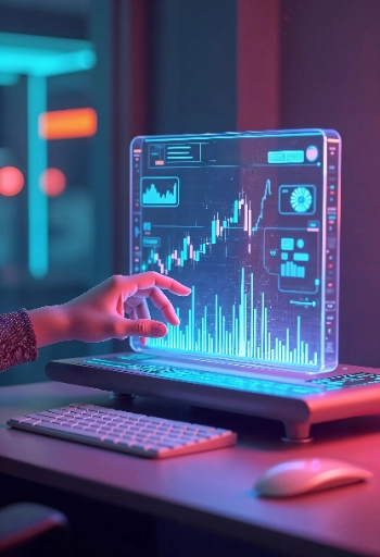 A imagem mostra uma mão interagindo com uma tela holográfica ou um monitor transparente e iluminado. Um gráfico de velas e barras de volume são projetados na tela em um azul neon brilhante, juntamente com outros indicadores financeiros e painéis de dados.