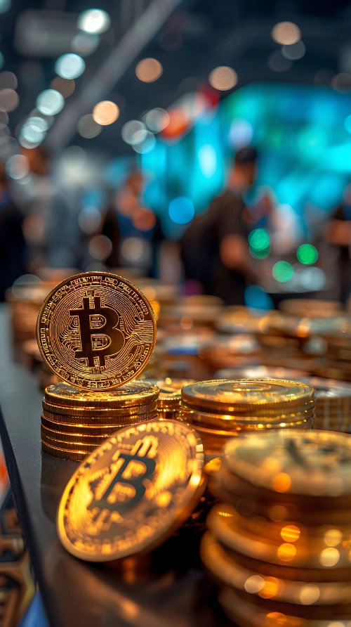 Um close-up focando em várias pilhas de moedas físicas Bitcoin douradas e brilhantes, dispostas sobre uma superfície.