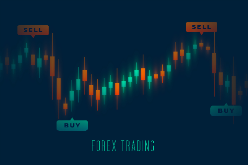 Un gráfico conceptual de velas financieras brillantes en tonos verdes y naranjas sobre un fondo azul oscuro, con indicadores flotantes de compra y venta (BUY / SELL) y el texto "FOREX TRADING" centrado en la parte inferior.
