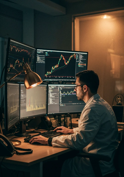 Un analista financiero o 'trader' concentrado trabajando de noche en su escritorio, equipado con una estación de múltiples monitores que muestran complejos gráficos de velas y datos de bolsa en tiempo real, todo iluminado de forma cálida por una lámpara de escritorio.