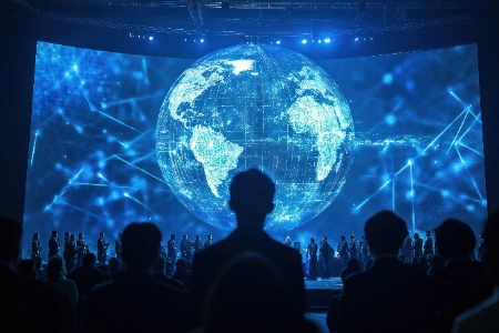 Um telão gigante projeta um globo digital cercado por nós e conexões, simbolizando a globalização e a tecnologia. Uma grande plateia assiste atentamente ao conteúdo.