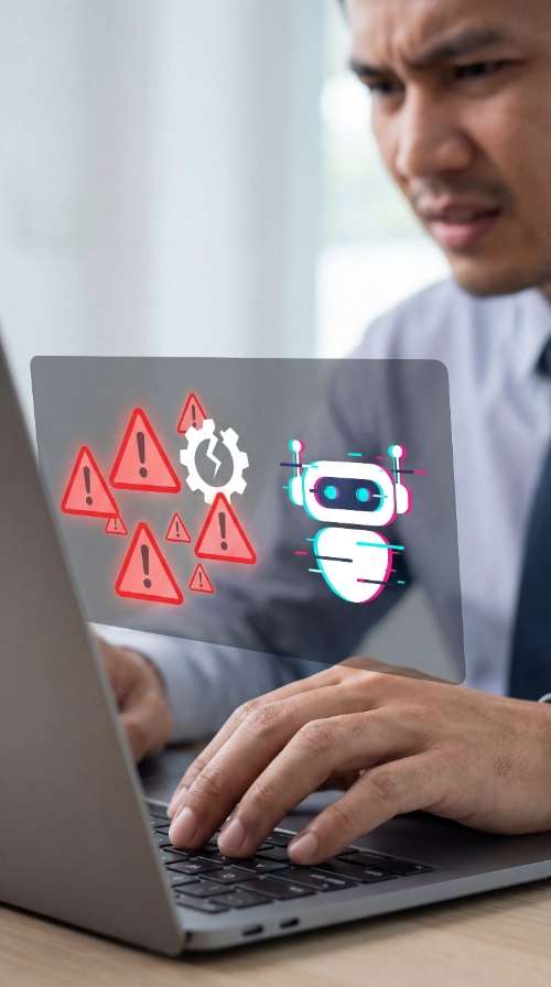 A imagem mostra um close de um homem com uma expressão preocupada ou confusa em frente ao seu laptop, enquanto um gráfico digital flutua na tela mostrando um robô (um chatbot de IA) ao lado de vários ícones vermelhos de alerta.