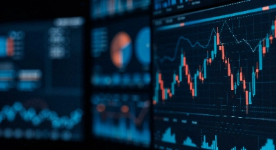 Exibe várias telas digitais com painéis de análise financeira contendo gráficos de velas em tempo real, gráficos de pizza e diversas métricas de mercado.