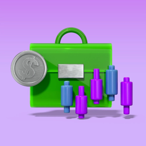 Un diseño conceptual en 3D que muestra un maletín verde brillante flotando sobre un fondo morado, acompañado por una gran moneda de plata con el símbolo de dólar y varias barras de gráficos de velas