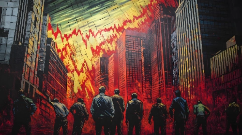 Uma ilustração dramática em estilo de banda desenhada que mostra um grupo de homens de costas, contemplando uma cidade envolta em chamas e fumo vermelho, sob um céu atravessado por um gráfico financeiro em queda livre, simulando um colapso económico ou bolsista.