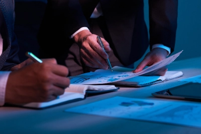 se muestran primeros planos de manos en un entorno de oficina oscuro con iluminación azul; una persona señala un documento con un bolígrafo mientras otra toma notas en un cuaderno.