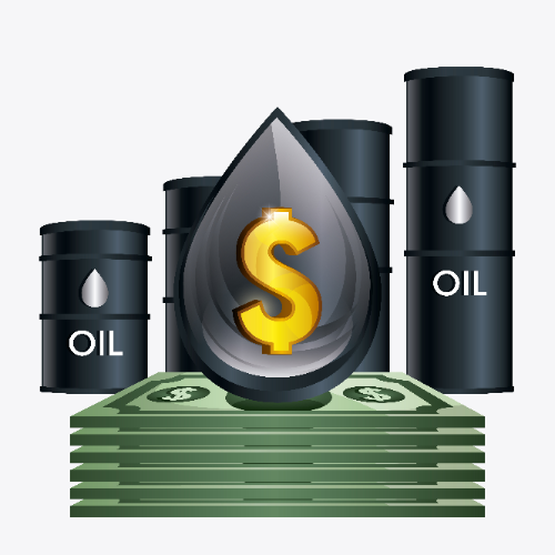 Una ilustración conceptual que muestra barriles de petróleo negros alineados de menor a mayor detrás de un fajo de billetes de dólar.