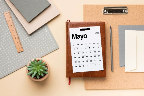 En el centro se observa una agenda marrón con un calendario impreso de Mayo 2023 encima, rodeada por una pequeña planta suculenta, una regla de madera, carpetas y una tabla con clip.