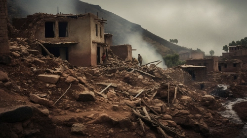 Edificios de adobe gravemente dañados y colapsados se extienden por una ladera montañosa bajo un cielo nublado.