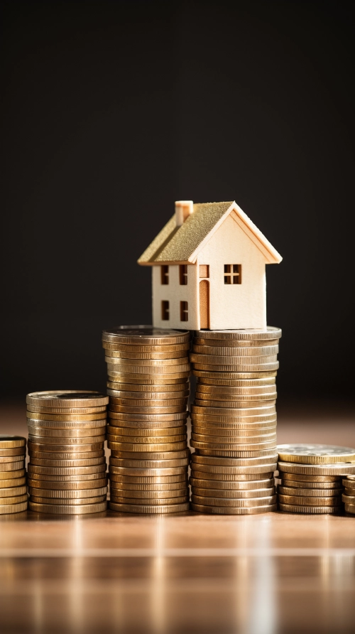 Una pequeña casa de madera en miniatura descansa sobre varias pilas de monedas apiladas en alturas ascendentes.