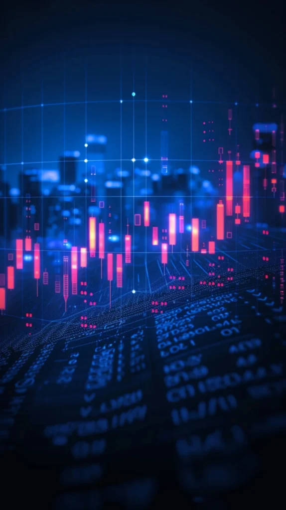 Un gráfico bursátil de velas rojas y rosadas resplandece sobre una cuadrícula digital azul con código informático y la silueta desenfocada de una ciudad de fondo.