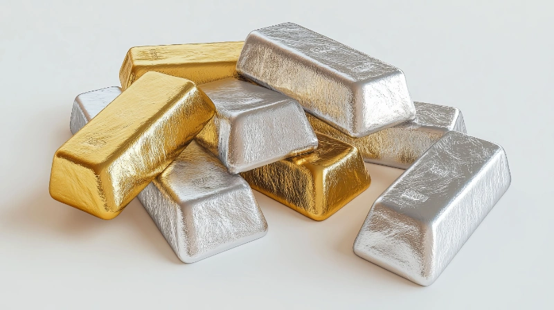 Una pila de lingotes de oro y plata con textura rugosa reposa agrupada sobre un fondo blanco limpio.