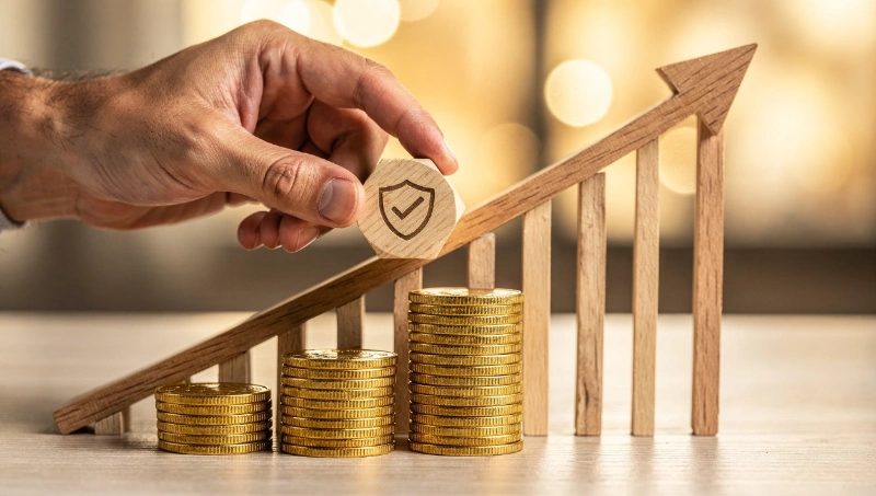 Mano colocando una pieza de madera con un escudo de seguridad sobre un gráfico ascendente de madera junto a pilas de monedas doradas.