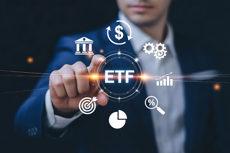 Empresario interactuando con un icono digital flotante con las siglas ETF rodeado de símbolos financieros y de análisis de datos.
