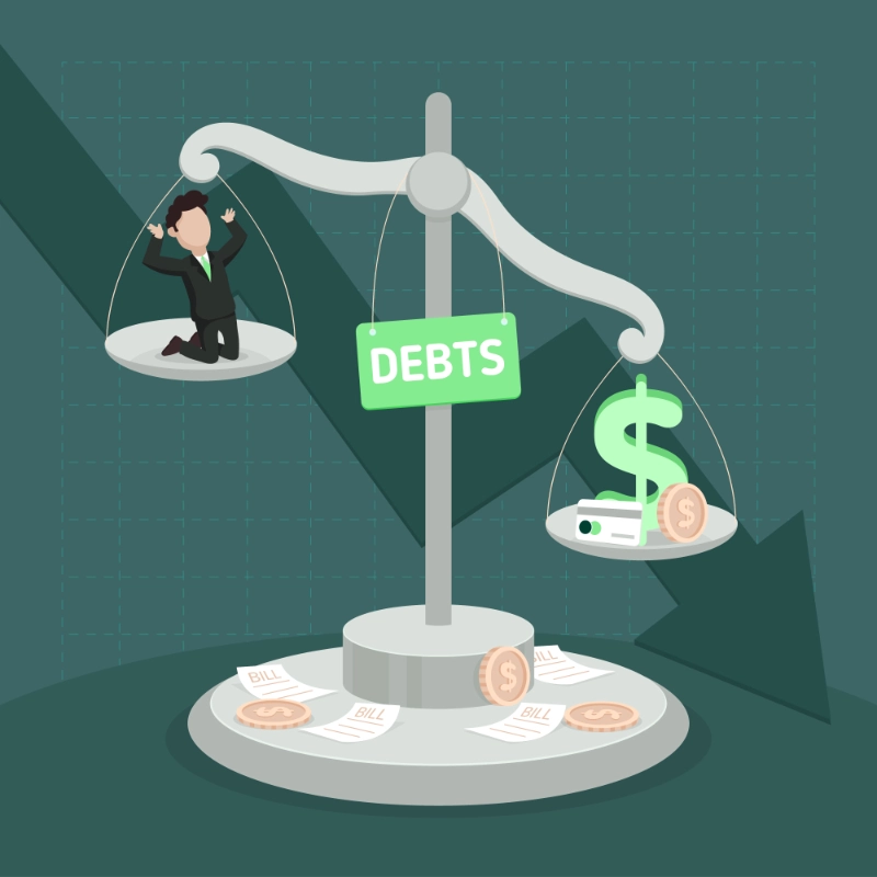 Ilustración de una balanza desequilibrada con un hombre angustiado en un platillo y activos financieros pesando el otro lado, representando el endeudamiento, la gestión de deudas y la presión financiera corporativa.